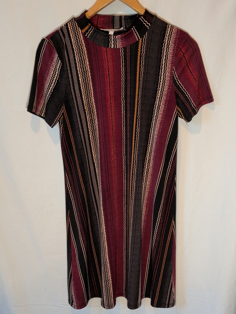 BCBGeneration Burgundy and Black Striped Short-Sleeve A-Line Dress